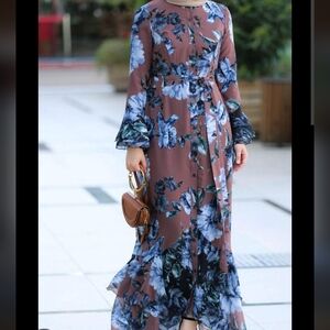 Ruba Modest Dress shiffon maxi long dress with sleeve brown, US6